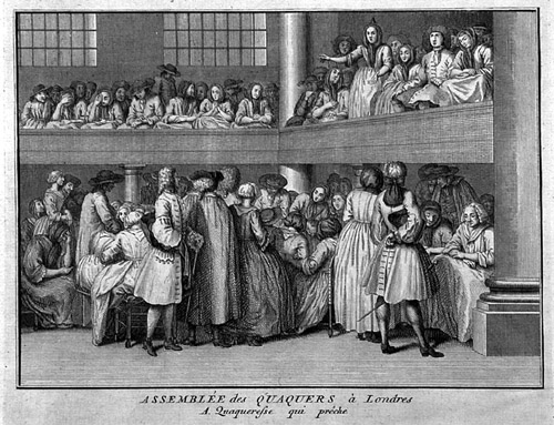 "Quaker Meeting in London: A female Quaker preaches" (c.1723) by Bernard Picard 