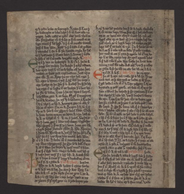 One of the few surviving manuscript leaves from the Heimskringla Sagas, written by Snorri Sturluson c. 1260. The leaf tells of King Ólafur (Wikipedia).