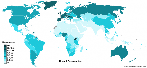 World map showing countries by annual alcohol consumption per capita // wikipedia.org