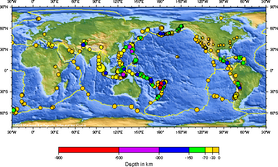 Map of earthquakes across the world (Wikipedia.org).