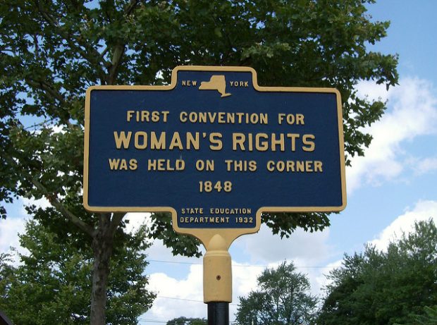 Sign commemorating the Seneca Falls Convention; Flickr// sushimustwrite