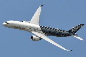 Airbus A350, with fuselage and wings made primarily of carbon fiber-reinforced polymers // Wikipedia Commons